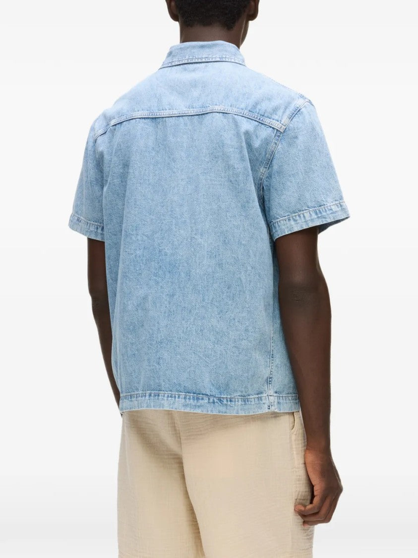 Karl Lagerfeld Light Blue Denim Short-Sleeve Shirt With Classic Collar