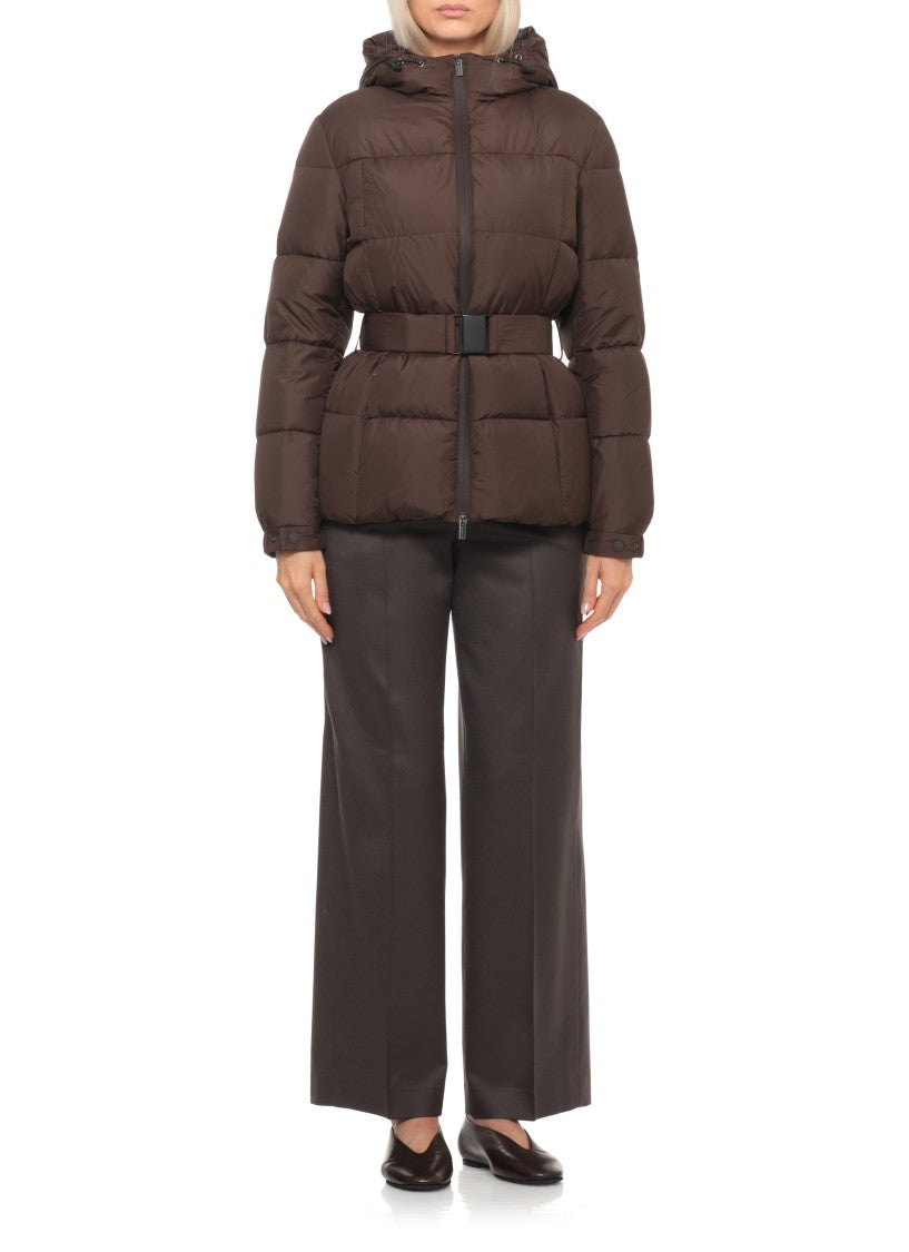 Peserico Brown Hooded Belted Quilted Down Jacket