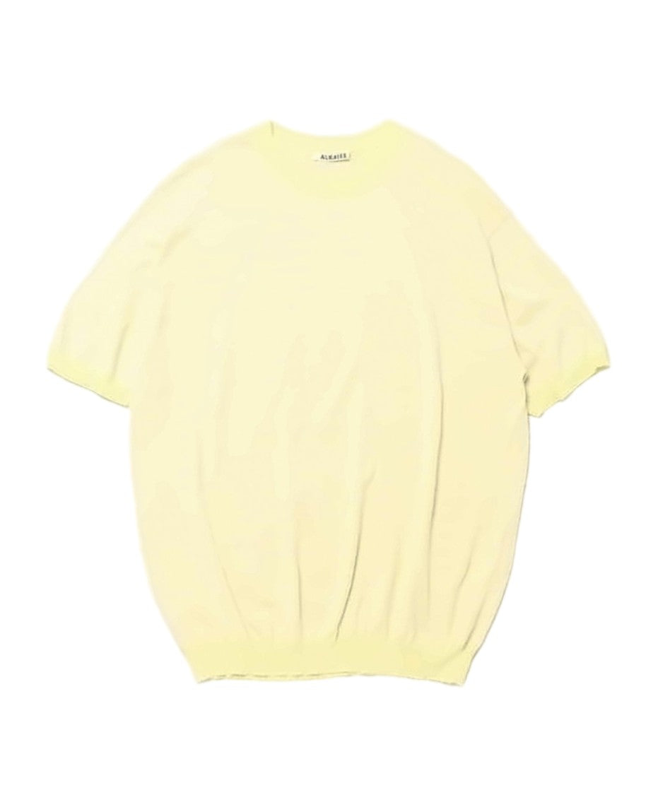 Auralee Relaxed Fit Yellow Short-Sleeved Knit Top With Subtle Stripe Pattern