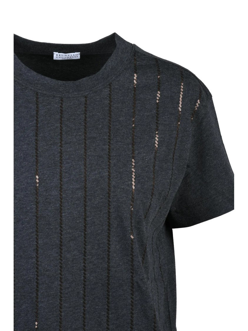 Brunello Cucinelli Dark Grey Cotton Sequin T-Shirt