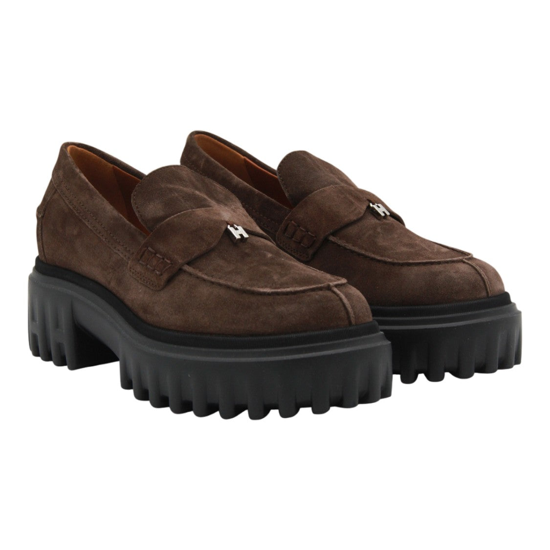 Hogan Chunky Sole Brown Suede Flats With Metallic 'H' Charm