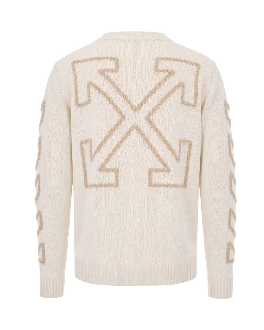 Off-White Cream Embroidered Crewneck Knit Sweater