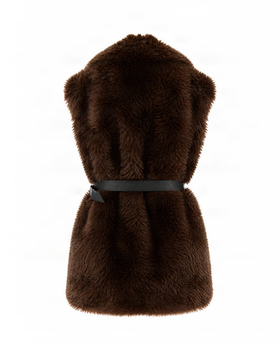 P.A.R.O.S.H. Faux Fur Sleeveless Vest With Waist Belt And Voluminous Collar