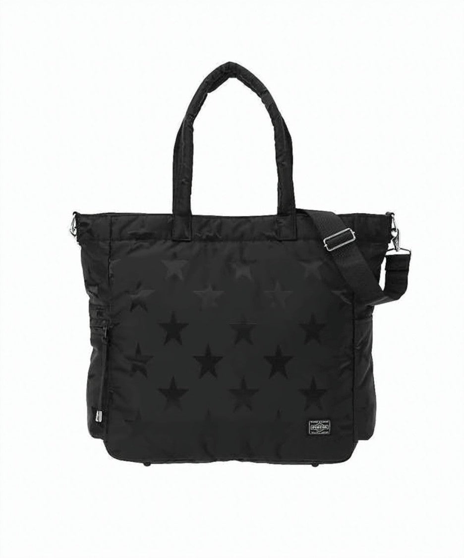 Porter Black Embossed Star Pattern Nylon Tote Bag