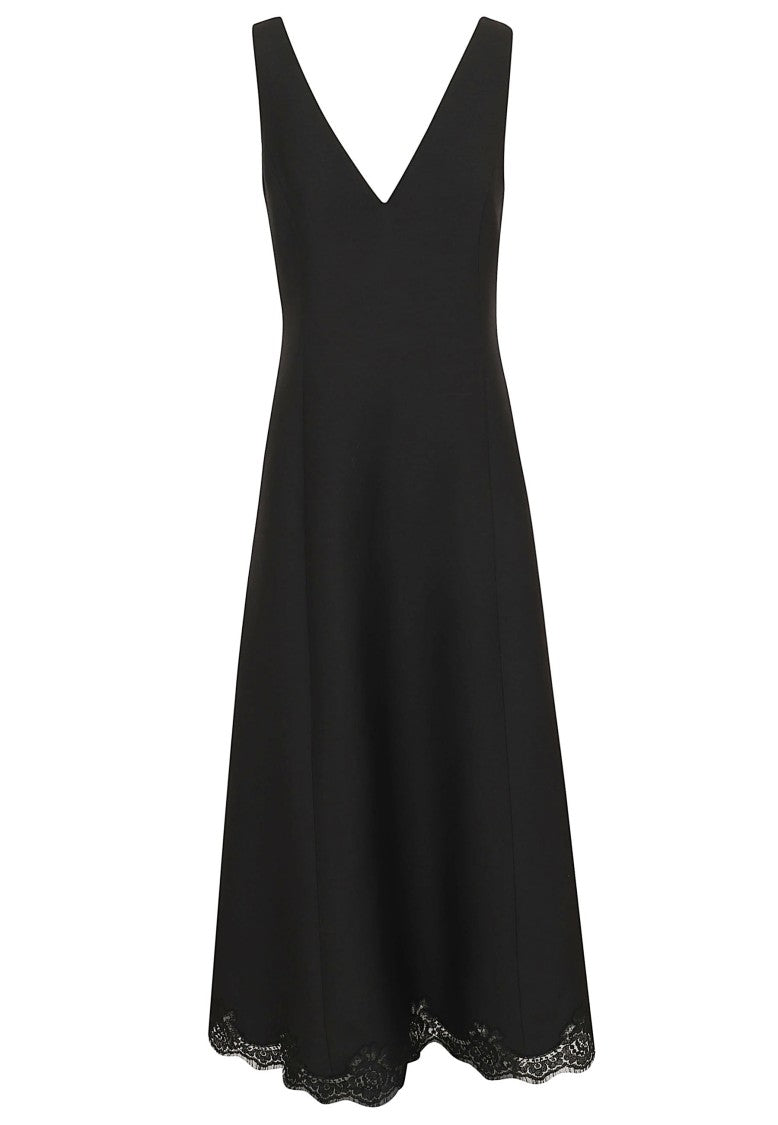 Valentino Garavani Crepe Midi Dress With Deep V Neckline And Lace Trim