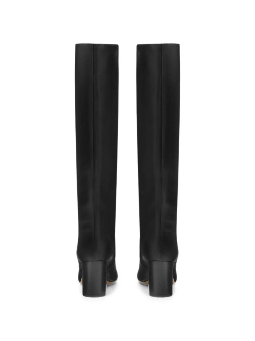 Paris Texas Black Pointed-Toe Silk-Nylon Block-Heel Boots