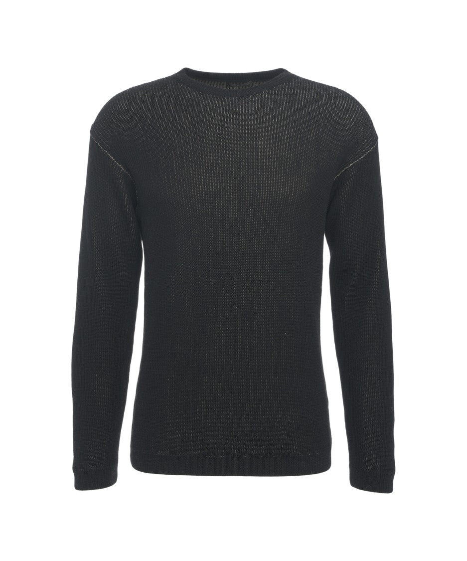 Transit Lightweight Black Pullover With Ribbed Trims And Classic Crew Neck
