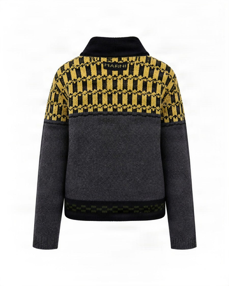 Marni Graphite Intarsia V-Neck Wool Cardigan