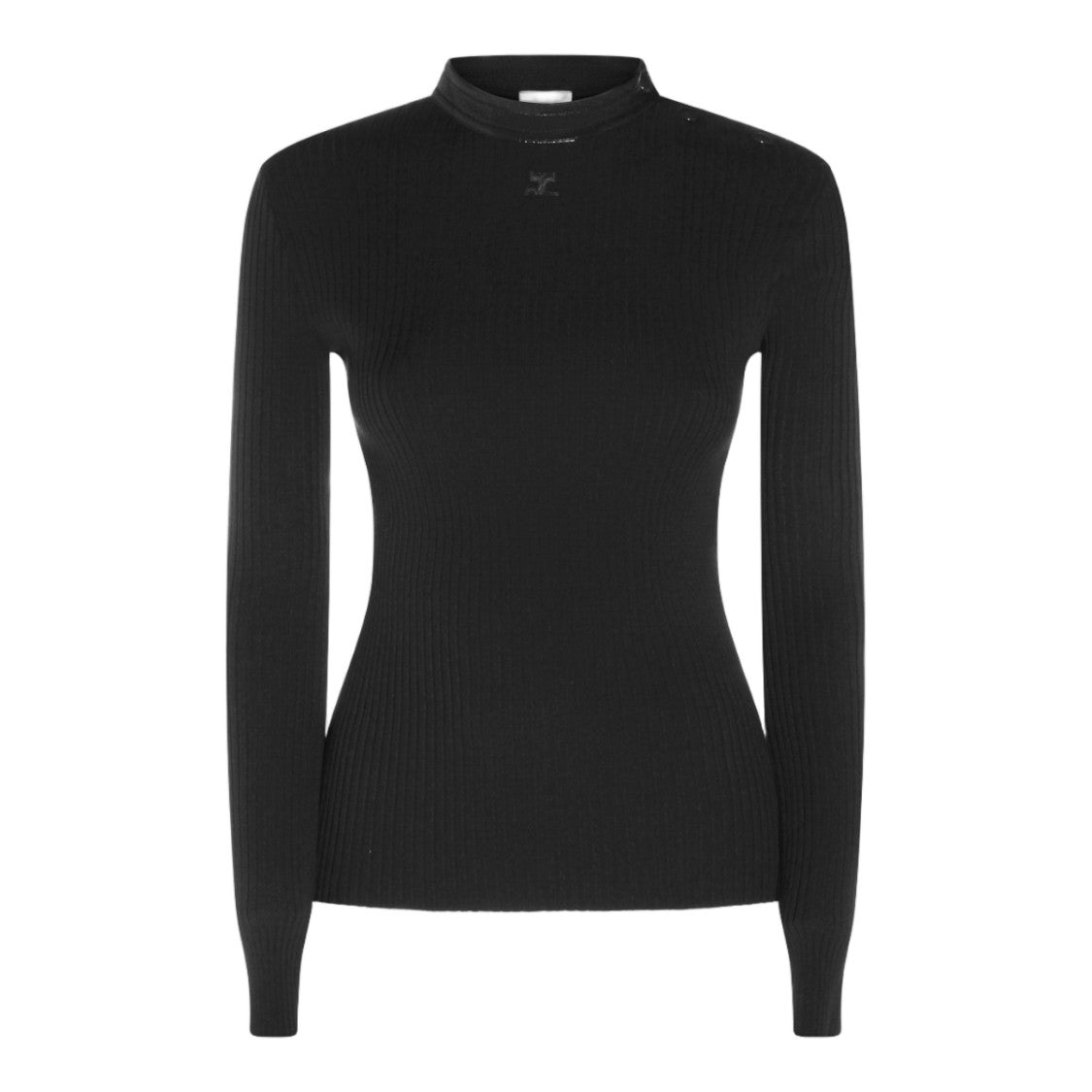 Courrèges Fitted Black Sweater With Ribbed Texture And Button Detail