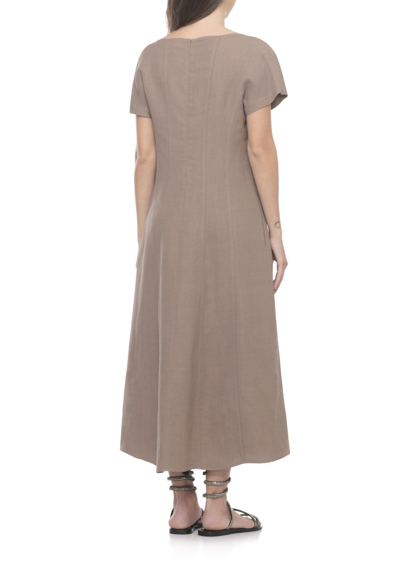 Antonelli Firenze Brown Silk Midi Dress With Flared Hem And Seam Detailing