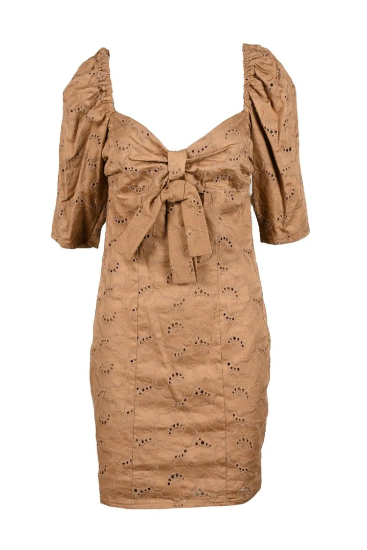 Giulia N Brown Eyelet Cotton-Blend Mini Dress