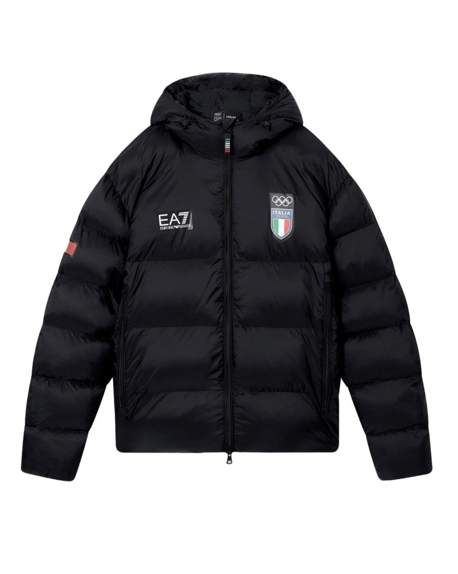 Ea7 Emporio Armani Italia-Emblazoned Black Bomber Jacket With Stand-Up Collar