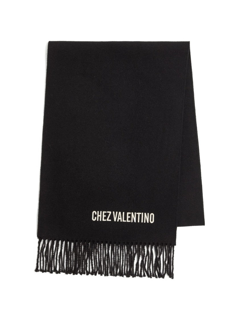 Valentino Fringed Black Wool Scarf With Minimalist Embroidery