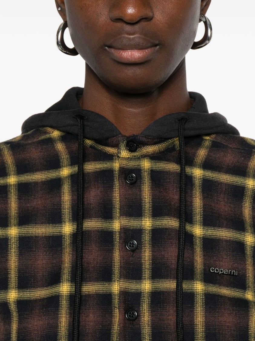 Coperni Plaid Brown Shirt With Hood And Button-Down Detail