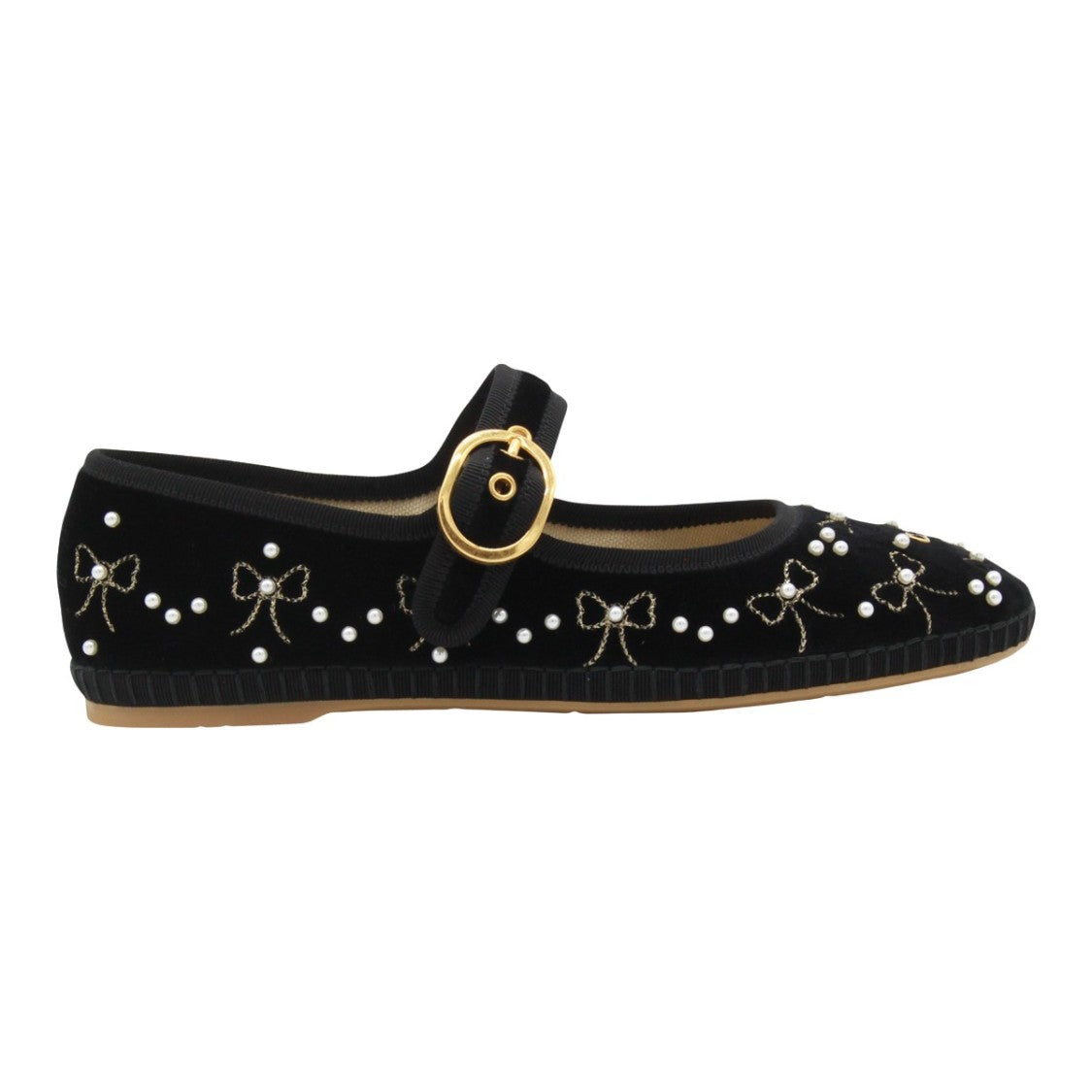 Valentino Garavani Embellished Black Velvet Flats With Pearl Details