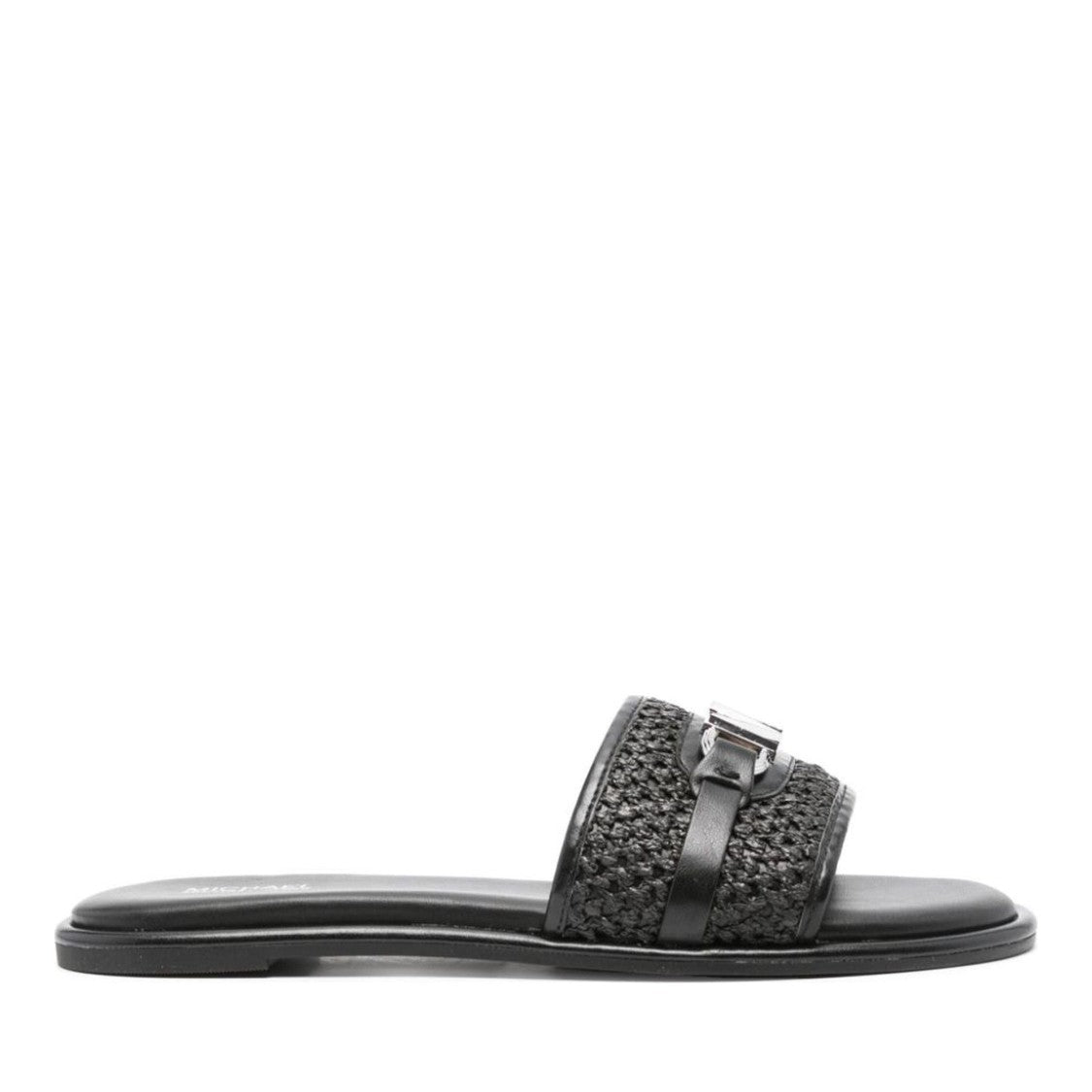 Michael Kors Black Ember Woven Strap Metallic Emblem Slide Slippers