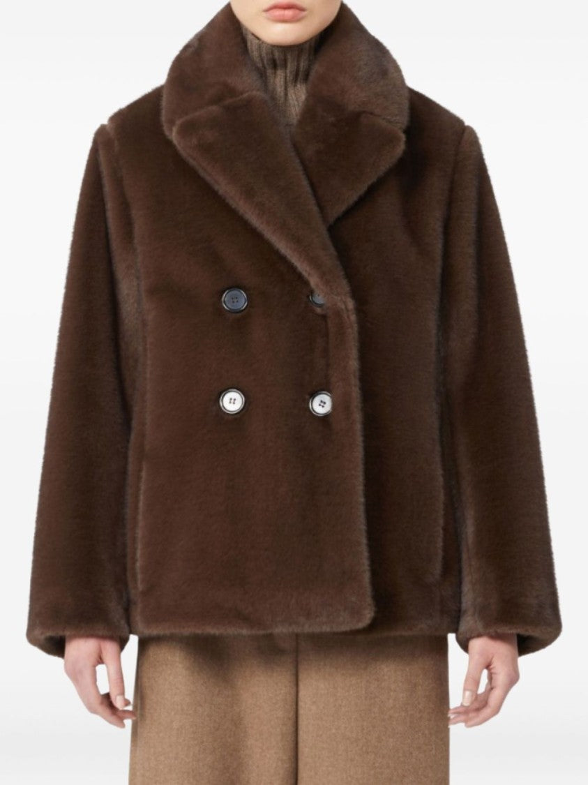 Max Mara Double-Breasted Brown Plush Coat With Wide Lapel