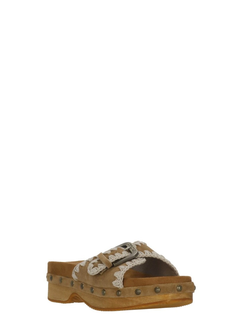 Mou Brown Studded Wood Clog Sandals