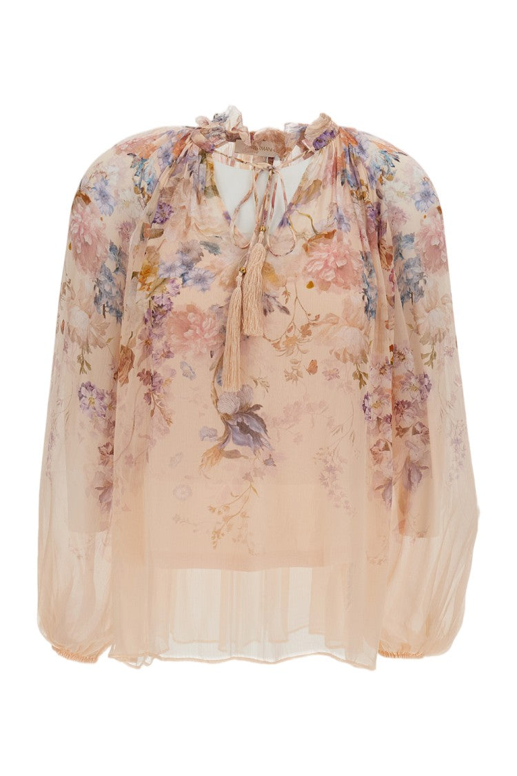 Zimmermann Pink/Floral Floral Valiant Billow Silk Slip-Set Blouse