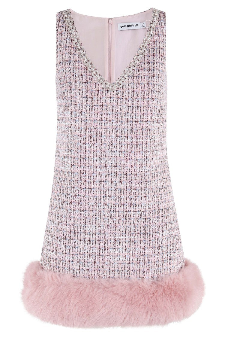 Self-Portrait Pink Boucle Fur Hem Mini Dress