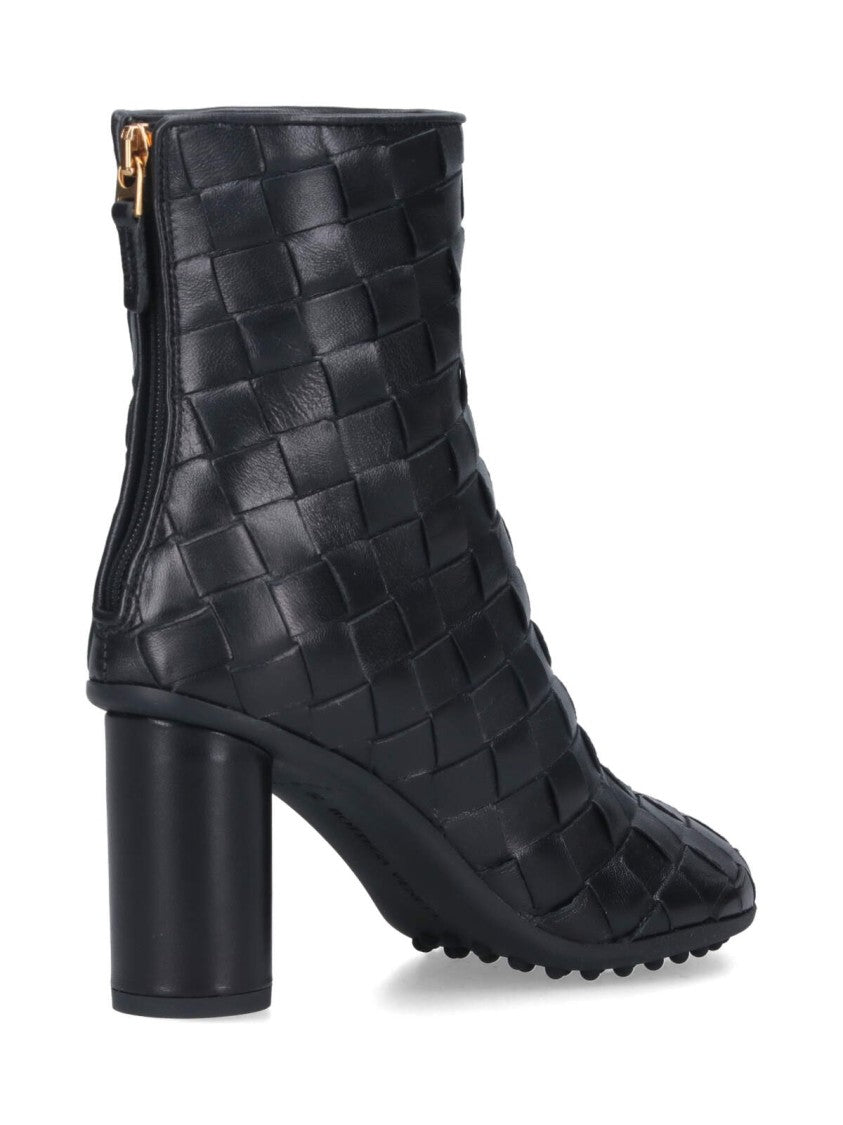 Bottega Veneta Black Braided Leather Ankle Boots With Block Heel And Rear Zip Closure