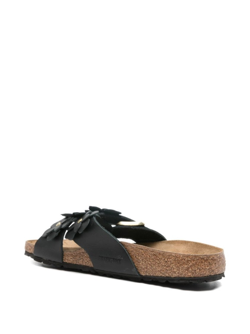 Birkenstock Contoured Calf Leather Sandals With Floral Appliqués And Adjustable Buckle