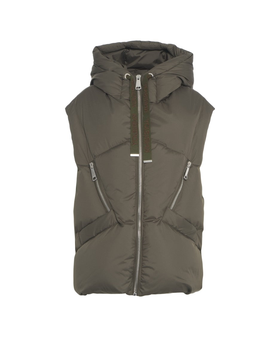 Khrisjoy Olive Padded Waistcoat With Hood And Zippered Detailing