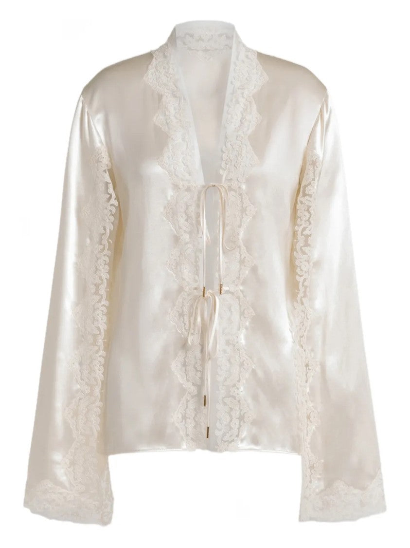 Alberta Ferretti Satin-Finish Blouse With Delicate Lace Trim And Tie Closures