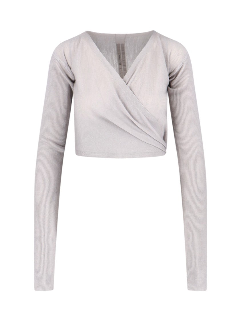 Rick Owens Cropped Ribbed Sweater With Knot – Grey