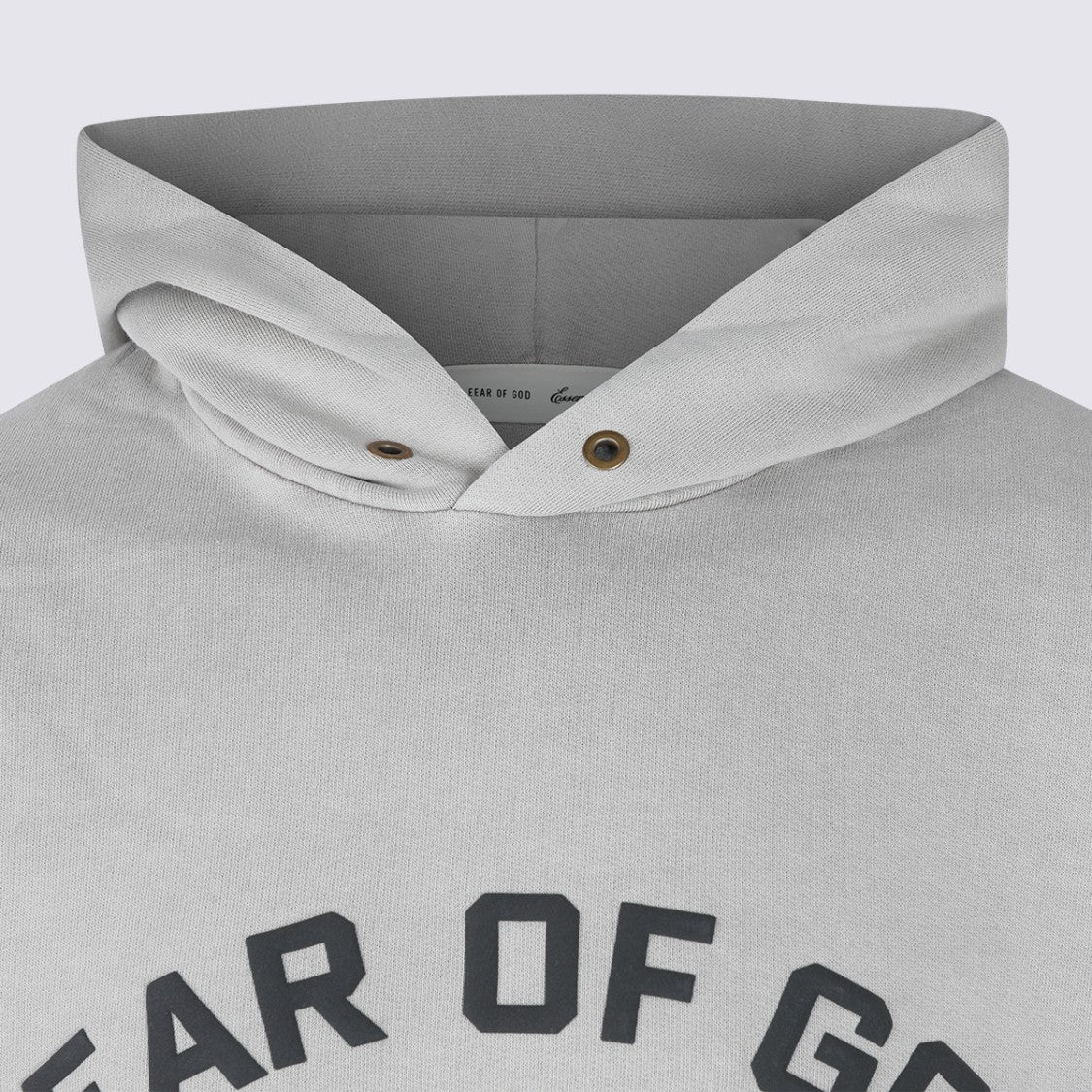 Fear Of God Essentials Light Grey Hoodie With Bold Script Graphic And Ribbed Detail