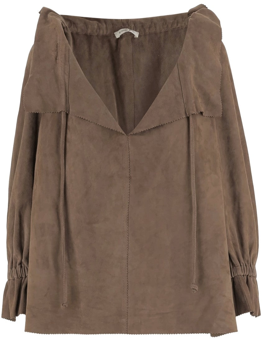 By Malene Birger Ruffled V-Neck Suede Blouse With Drawstring Closure