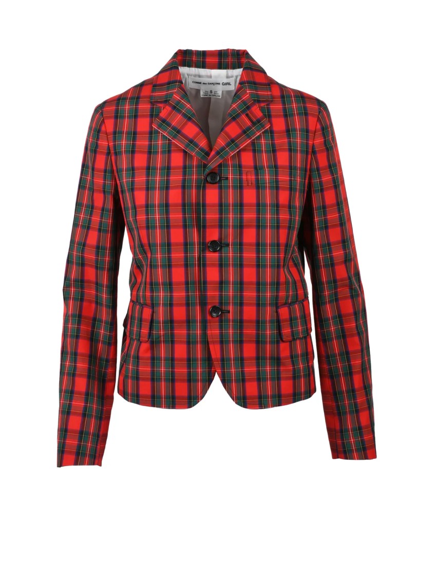Comme Des Garçons Red Green Cropped Plaid Cotton Button Jacket