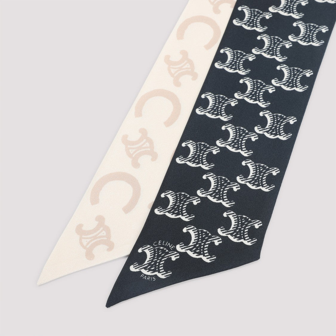 Celine Slim Dual-Tone Silk Scarf With Intricate Pattern
