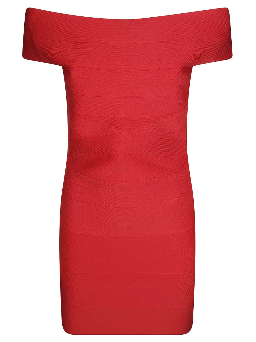Rotate Off-The-Shoulder Mini Fitted Knit Dress With Bandage Ribbing