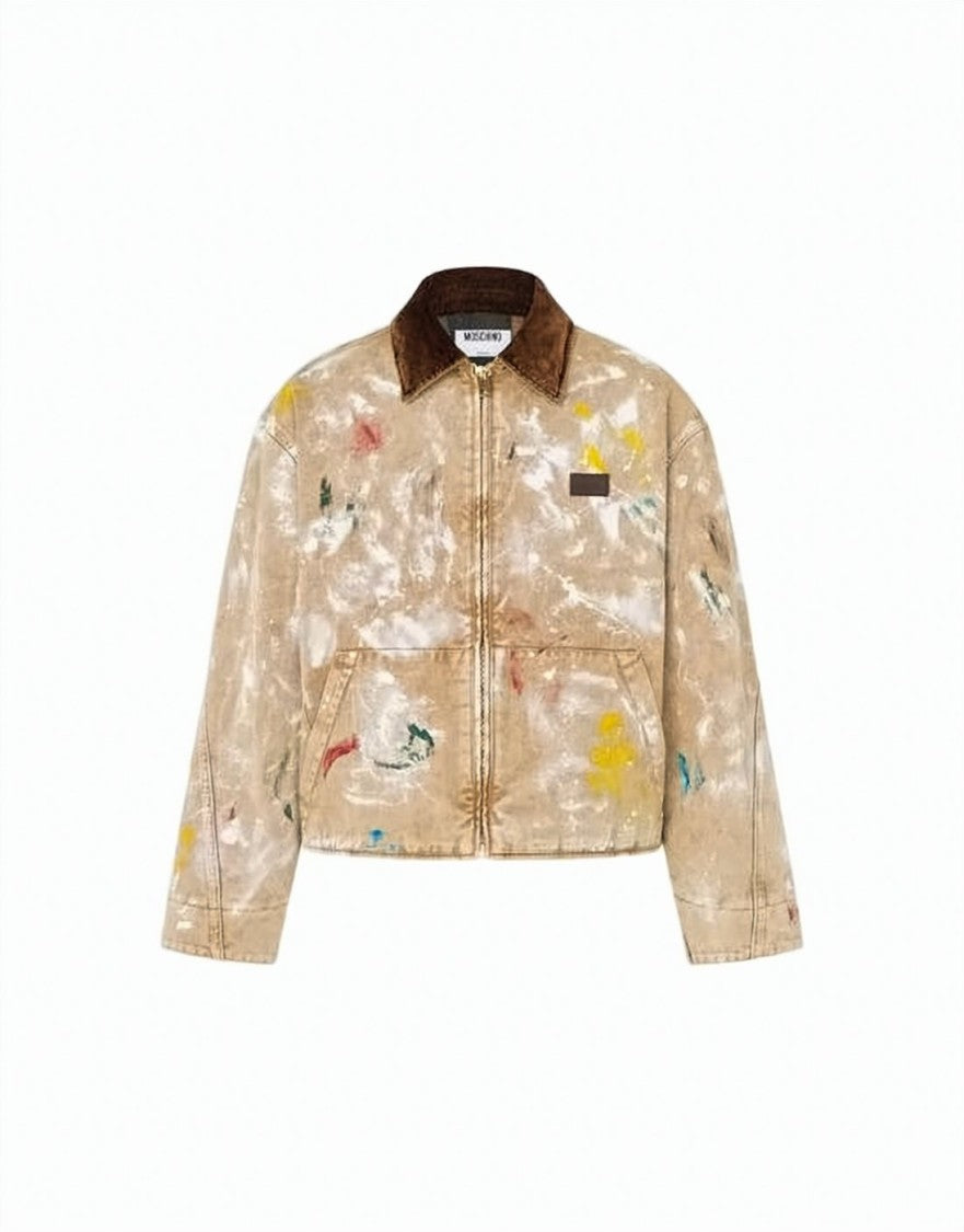 Moschino Abstract Paint Splatter Cotton Jacket With Brown Collar