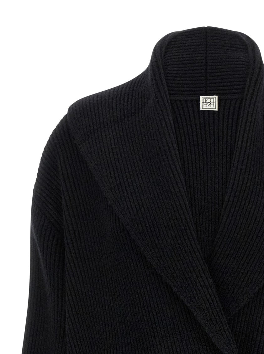 Totême Ribbed Coarse Wool Long Cardigan With Shawl Collar