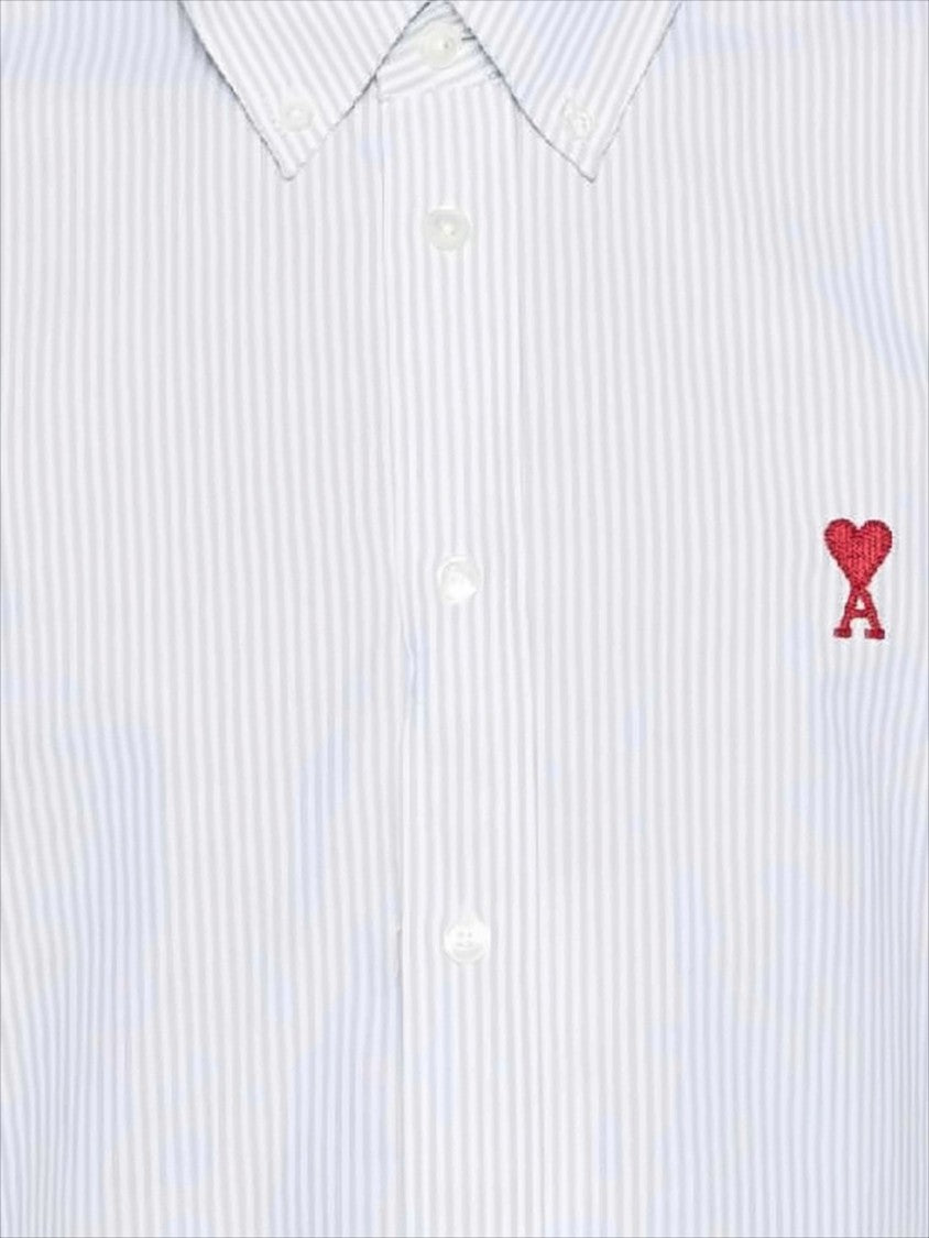 Ami Paris Classic White Button-Up Shirt With Vertical Stripes And Embroidered Detail