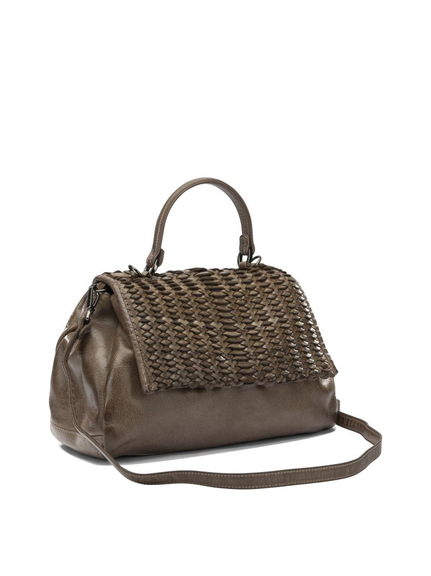 Giancarlo Nevola Medium Brown Leather Handbag With Woven Flap And Versatile Carrying Options