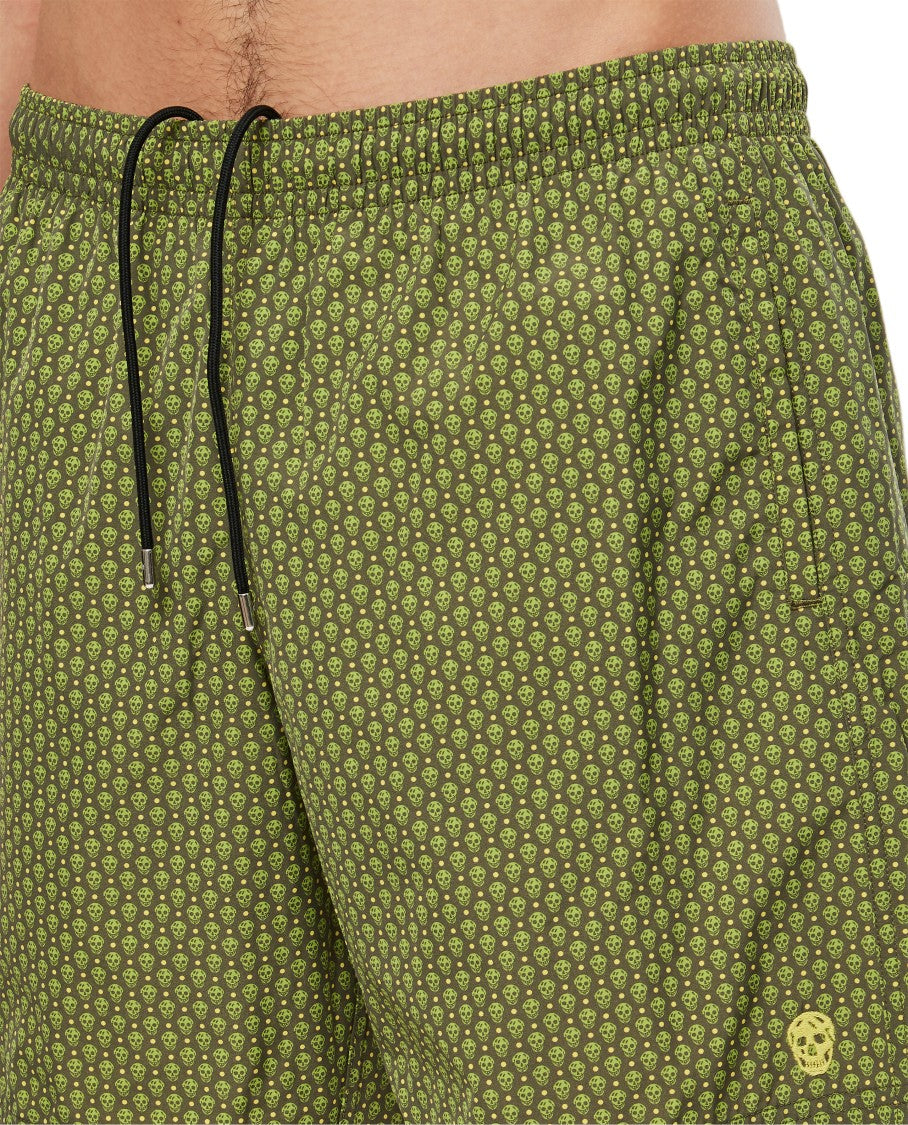 Alexander Mcqueen Skull-Embellished Green Swim Shorts With Adjustable Waistband