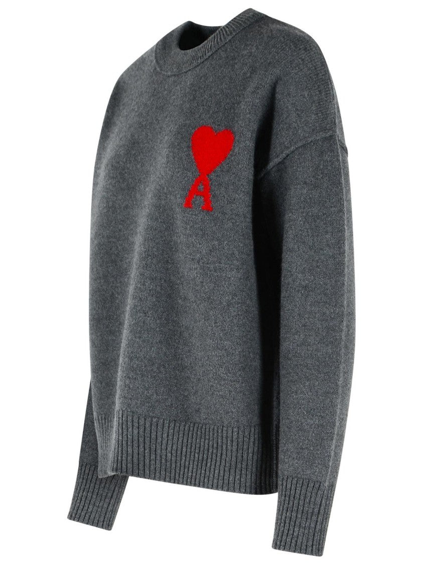 Ami Paris Grey Ami De Cœur Round-Neck Wool Sweater