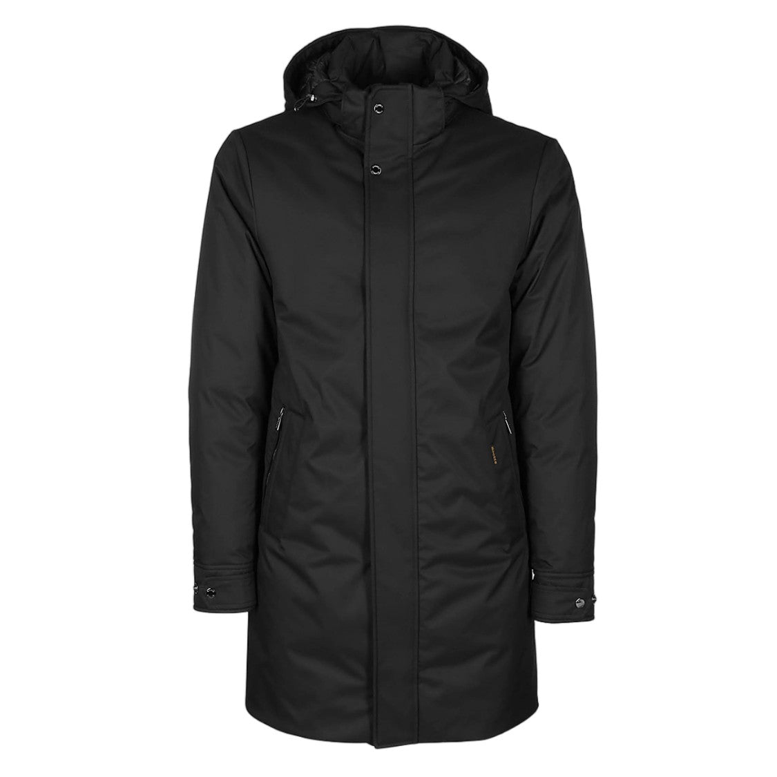 Moorer Matte Black High-Collared Coat With Concealed Fastening And Functional Details