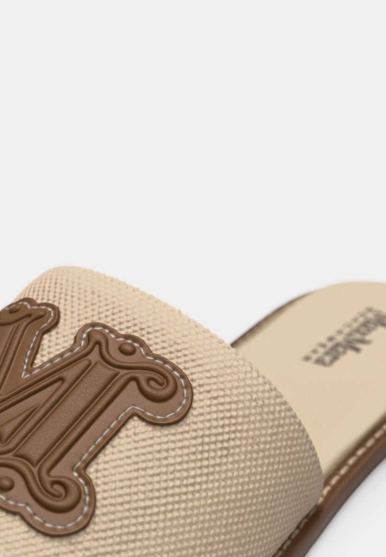 Max Mara Beige Textured Slide Sandals With Embroidered Emblem