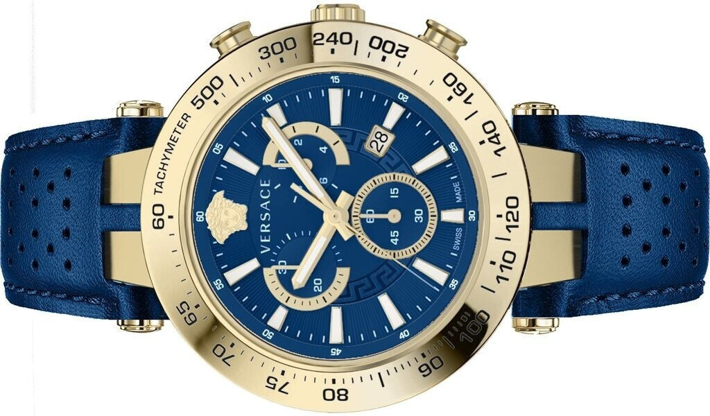 Versace Chronograph Watch With Gold-Tone Steel Case And Blue Dial