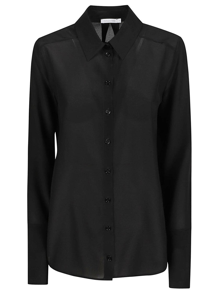 Patrizia Pepe Silk Long Sleeve Shirt With Button-Down Front And Pleated Detail