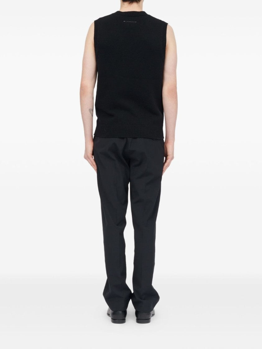 Mm6 By Maison Margiela Sleeveless Black V-Neck Sweater With Textured Stripes