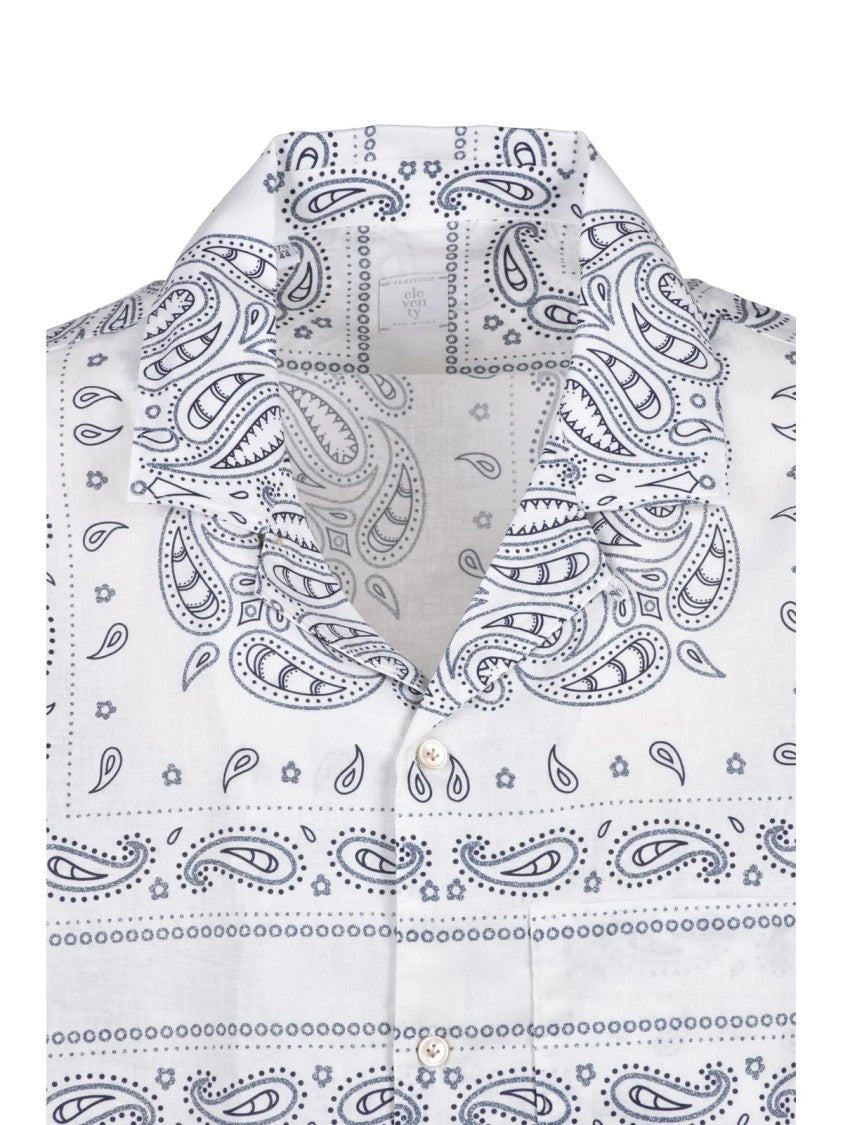 Eleventy White Blue Linen Cotton Shirt