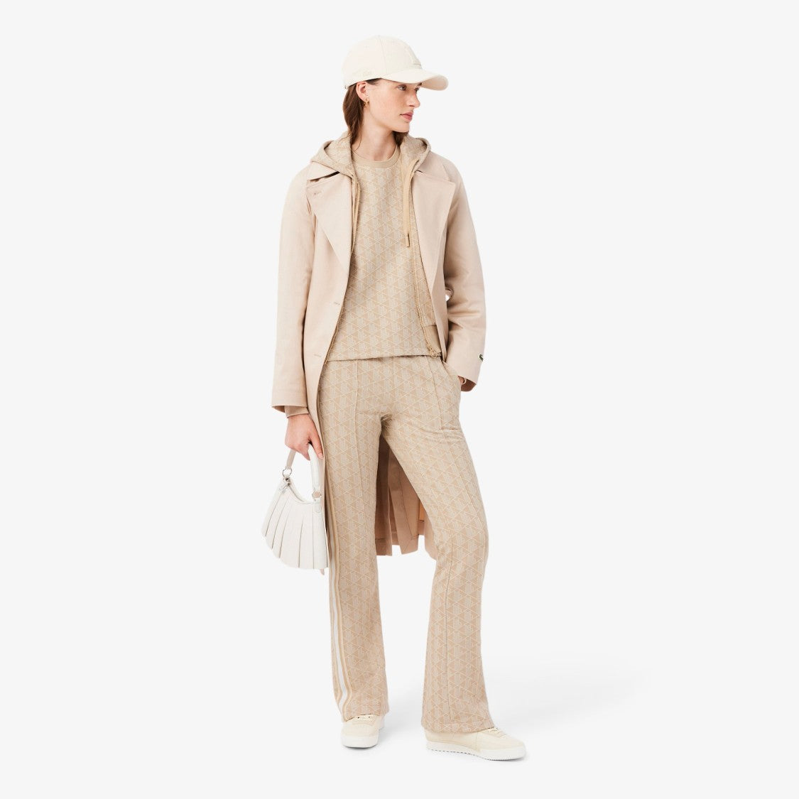 Lacoste Beige Knit Wide-Leg Pants With Geometric Pattern