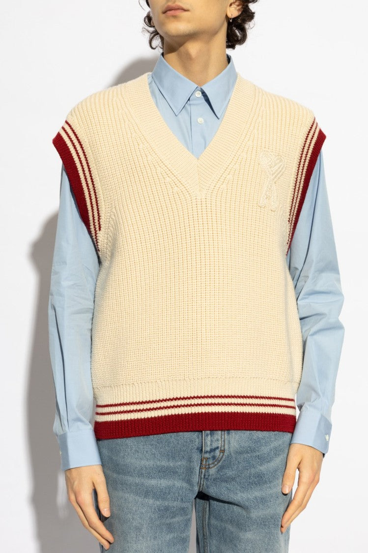 Ami Knitted Sleeveless Vest With V-Neckline And Ribbed Detail