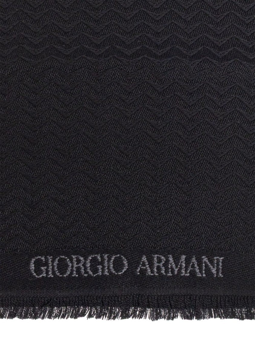 Giorgio Armani Herringbone Motif Black Scarf With Frayed Edges