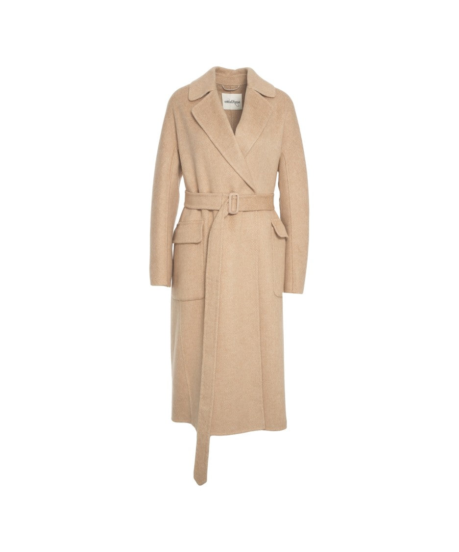 Ottod'ame Beige Long Coat With Classic Notched Collar And Waist Tie